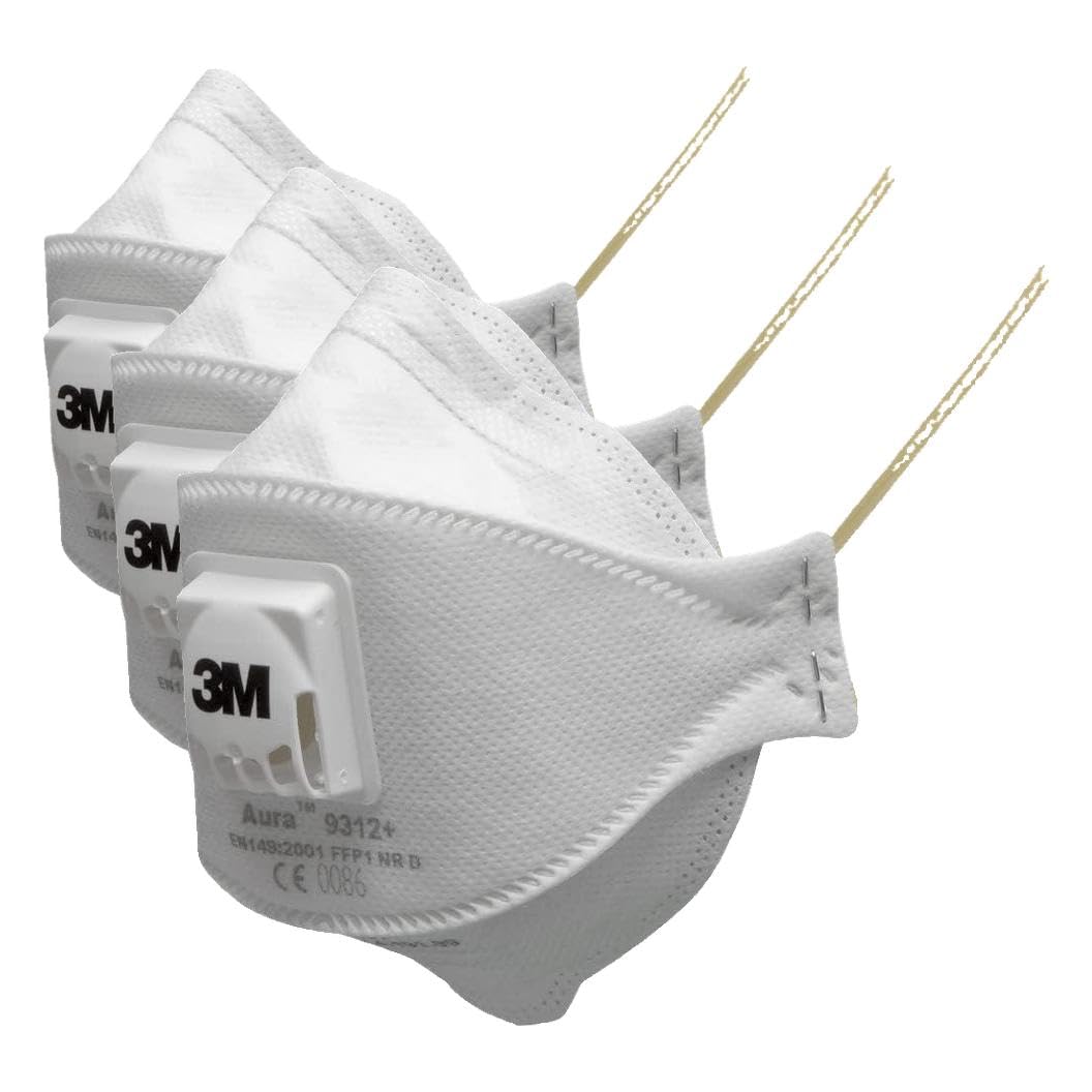 3M Aura Partikelmaske, FFP1, mit Ventil, 9312+, 10 Masken pro Packung, Weiß (Packung mit 3)