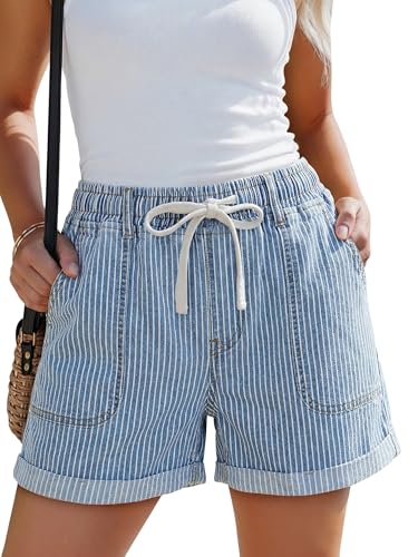 SANMM Women Jean Shorts 2026 Trendy Pull On High Waisted Denim Shorts Stretchy Drawstring Elastic Waist Shorts for Summer LightBlue Stripes M