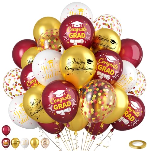 Image of Burgundy and Gold Graduation Balloons Graduation Decorations 2026, 60Pcs Print Congrats Grad Balloons, Maroon Gold Confetti Latex Balloon, Class of 2026 Grad Party Decorations for College High School