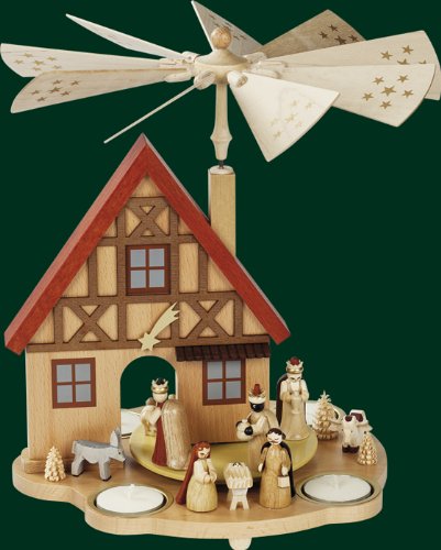 Crèche de Noël animée en bois pyramide de maison 29cm pour table de fête