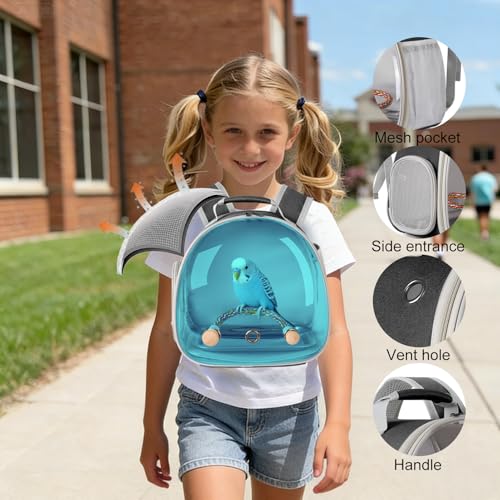 Image of Polarized Tinted Blue Bubble Small Bird Carrier Travel Cage, Portable Bird Carry Backpack with Stainless Steel Tray and Standing Perch for Parakeet Cockatiel Budgies