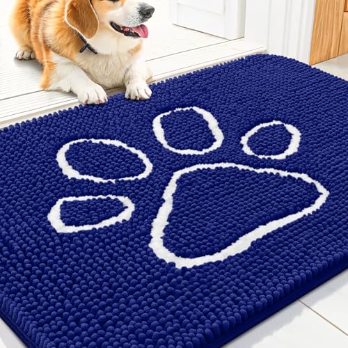 Image of Smiry Dog Door Mat for Muddy Paws, Absorbent Dirt Trapper Non Slip Quick Dry Washable Chenille Mat for Mud Dogs, Entry Rug for Indoor and Outdoor (30x20 Inches, Navy Blue and White)
