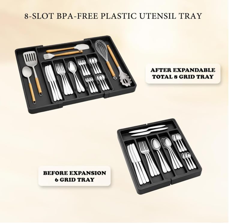 Image of Expandable Kitchen Drawer Organizer, 8-Slot BPA-Free Plastic Utensil Tray, Adjustable Flatware and Cutlery Holder for Spoons, Forks, and Knives, Kitchen Storage and Organization, Black