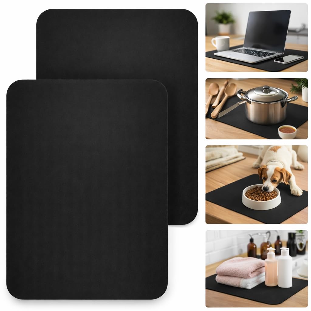 Super Absorbent Dish Drying Mat for Kitchen Counter (2 Pack) 40 x 30 cm Quick Dry Anti-Slip Kitchen Counter Mat, Sink Drying Mat, Dish Rack Drying Pad for Utensils, Cups & Glasses (Black)-image-42