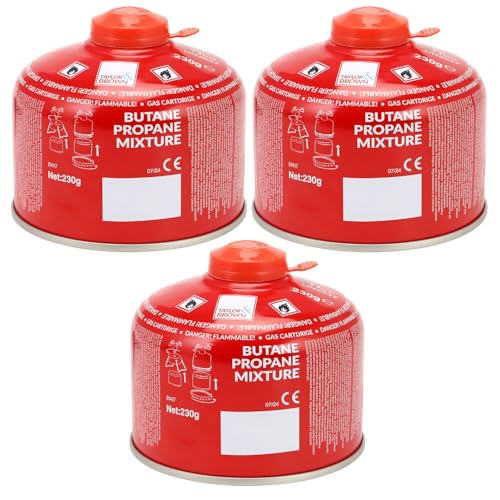 3 Pack 230g Butane-Propane Screw On Gas Canisters Gas Cartridge for Camping Stoves Heaters & Lanterns | High Performance Propane-Butane Mix with Resealable Valve Cartridges | EN417 Gas Cartridge