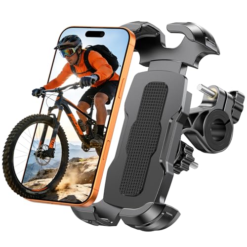 Glangeh Soporte Movil Bicicleta, [Abrazadera Reforzada] Soporte Movil Moto con Bloqueo Seguro, Universal Suporte Telemóvel Moto Giratorio 360° Compatible con iPhone 16 Pro/15/S25 Ultra, 4.7-6.9' Móvil