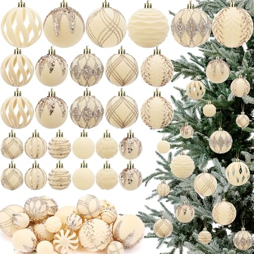 Gemscream 48 Stück weiße Samt-Weihnachtskugeln, beflockt, Weihnachtsbaumschmuck mit 10 Stilen in 3 Größen, Kunststoffkugeln, Weihnachtsdekoration