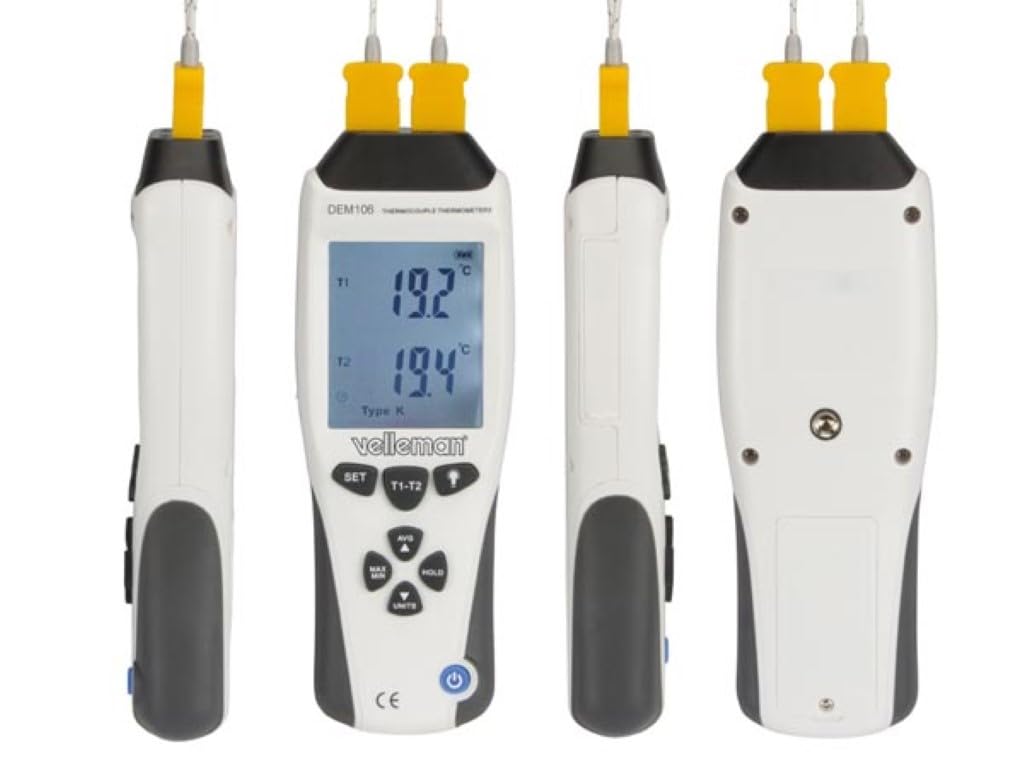 Velleman Termómetro con termopar tipo K/J, medición dual, pantalla LCD dual, -200 ° C -1370 ° C, Hold de datos