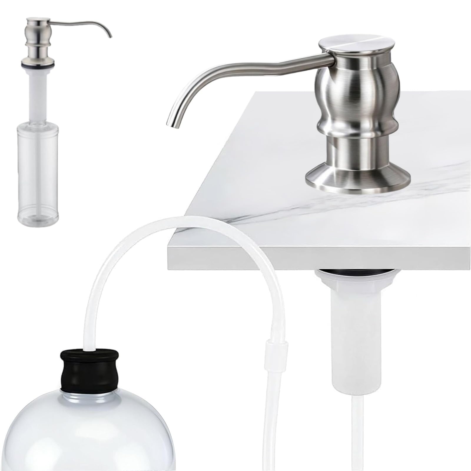 Built in Deck Mount Liquid Lotion Kitchen Countertop Metal Soap Dispenser, Brushed Nickel Brass Dispenser Pump with 47.2" Silicone Long Tube for 0.79 "- 1.38" High Capacity Bottle Mouths