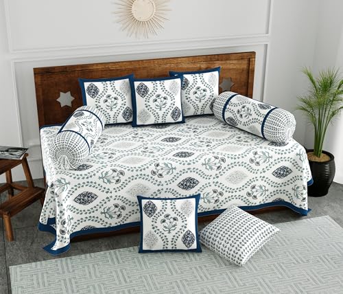 Image of BLOCKS OF INDIA 200TC Diwan Set Cotton 8 Piece | Deewan Printed Bedsheet Sets for Living Room Hall (Set of 8 Piece, 1-Bed Sheet | 2-Bolster Cover | 5-Cushion Cover (Royal Blue Motif)