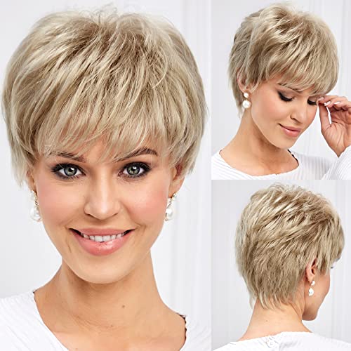 EMMOR Short Wigs for Women Memory Fiber Simulated Human Hair Pixie Curly Wig With Bang,Natural Daily Use Hair(Color 25# Ash Blonde)