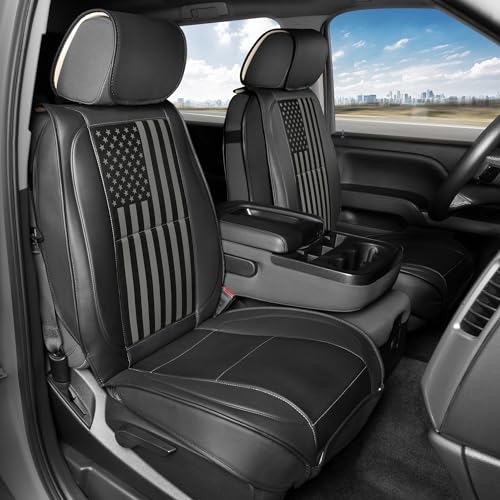 MotorBox Flag Car/Truck Seat Covers US B/W Flag Edition Faux Leather Black & Dark Gray Seat Covers for Car Black American Flag on Cushioned Seat Protectors for Automotive Accessories Trucks SUV Car - Image 3