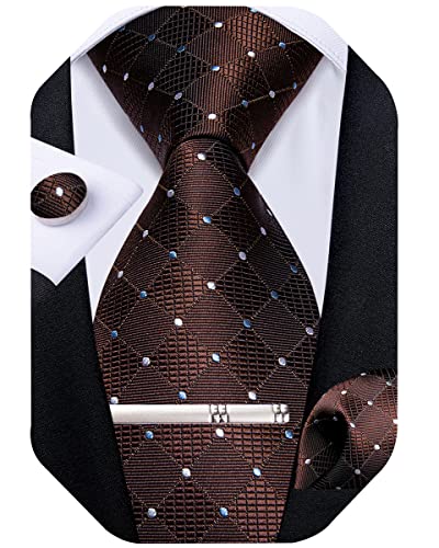 Image of DiBanGu Plaid Ties for Men Silk Checkered Necktie and Pocket Square Cufflinks Tie Clip Set with Gift Box for Wedding Business