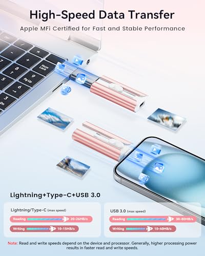 MFi Certified 256GB Flash Drive for iPhone Thumb Drive, USB Memory Stick iPhone Flash Drive Photo Stick for Photos Videos, High Speed External Storage Jump Drive for iPhone/iPad/Android/PC(Rose Pink)