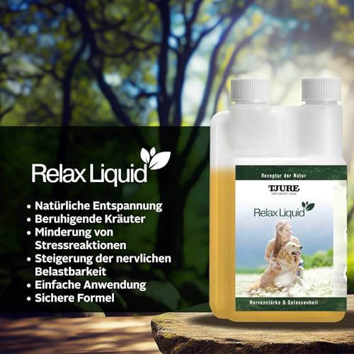 TJURE Relax Liquid für Hunde | 500 ml | Ergänzungsfuttermittel mit Kräuterextrakten | Zur Unterstützung von Ruhe & Ausgeglichenheit | Pflanzliche Rezeptur | Made in Germany