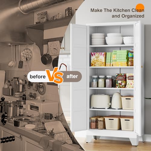 Image of Yizosh Metal Storage Cabinet with 2 Doors and 4 Adjustable Shelves,- 71 inch White Kitchen Pantry Storage Cabinet for Kitchen,Dining Room,Living Room