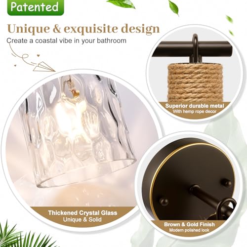Image of MOKATNG Set of 2 Wall Sconces for Bathroom, Coastal Modern Vanity Lights with Crystal Glass Shade, Brown and Gold Bathroom Wall Lamp for Mirror Kitchen Living Room Hallway Cabinet Porch