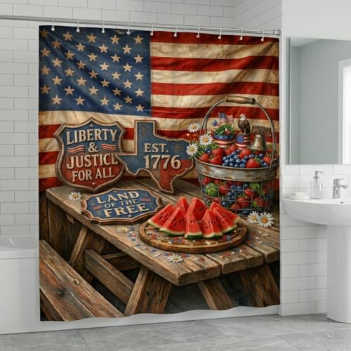 American Flag Shower Curtain 250th Anniversary Patriotic Farmhouse 4th of July Bath Curtain with Texas 1776 Design Waterproof Polyester Fabric Machine Washable 72 x 72 Inch 12 Plastic Hooks