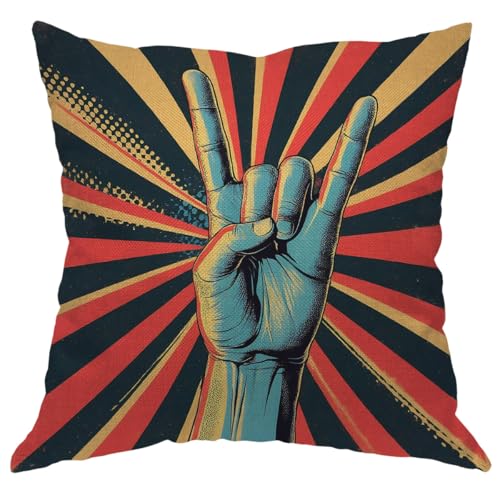 Moslion Music Pillows Decorative Throw Pillow Cover Rock N Roll Gesture Love Pillow Case 18x18 Inch Cotton Linen Square Cushion Cover for Sofa Bed Red Teal
