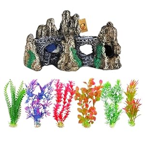 Foodie Puppies Aquarium Ornament Combo of Artificial Plants and Resin Decor – (8inch Plant (6Pcs) + Brown Hills Decor) for Fish Tank Decoration, Household and Office Aquarium (Color May Vary)