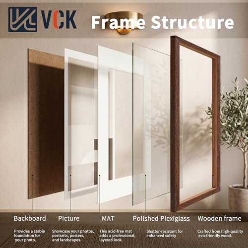 Image of VCK 16x24 Picture Frame 5 Pack, Brown Exclusive Wood, 12x18 Mat, for Print