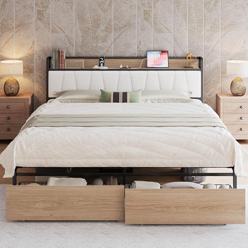 Image of LIKIMIO King Size Bed Frame with 2 Drawers and Charging Station | Platform Bed with Upholstered Storage Headboard, No Box Spring Needed, Easy Assembly, Sturdy, Wood and Cream