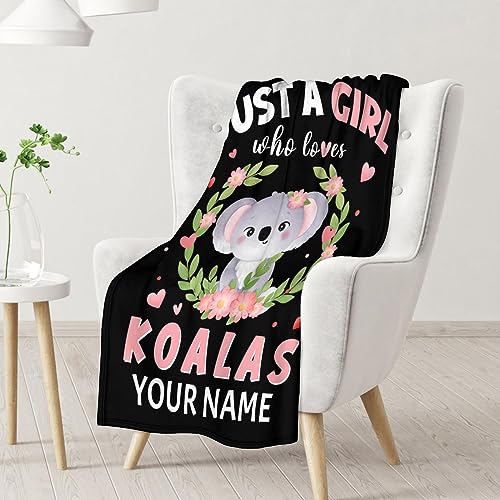 Personalized Koala Blanket Gifts with Name - 50"x60" Cute Throw for Women, Girls - Black Soft Fuzzy Blankets for Bed, Couch & Living Room