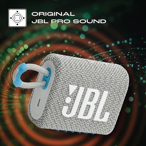 Image of JBL Go 3 Eco with eco-Friendly Recycled Materials and Packaging, Wireless Portable Bluetooth Speaker, Pro Sound, Vibrant Colors with Rugged Fabric Design, Waterproof, Type C (Without Mic, White)