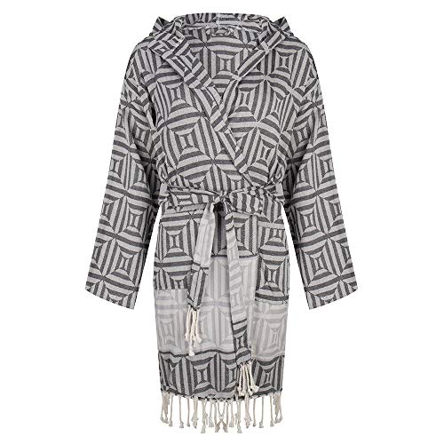 ZusenZomer Hamam Bademantel Damen - Baumwolle - Oeko-TEX® - Fairtrade Saunamantel Kimono Kapuzenmantel Badejacke (Schwarz Grau)