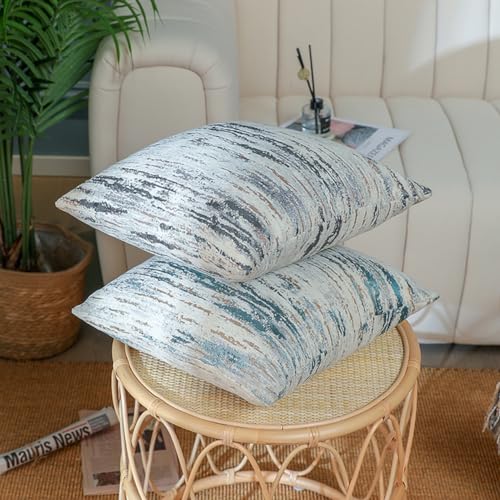 Agokaba AGO004-1 Abstract Pillow Covers 2 Packs Beige And Blue Striped Chenille Throw Pillow Covers For Couch Jacquard Nordic Textured Decorative Throw Pillows thumb #3