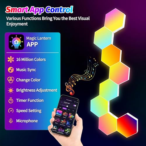 Image of 12 Pack DIY Hexagon LED Lights, Music Sync RGB Gaming Lights with APP Smart Wall Lights for Bedroom Living Room Decor