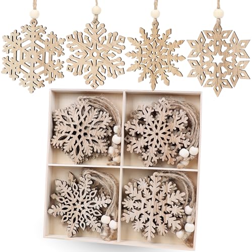 16pieces Wooden Snowflake Ornaments, 3inch Rustic Snowflakes Christmas Ornaments for...