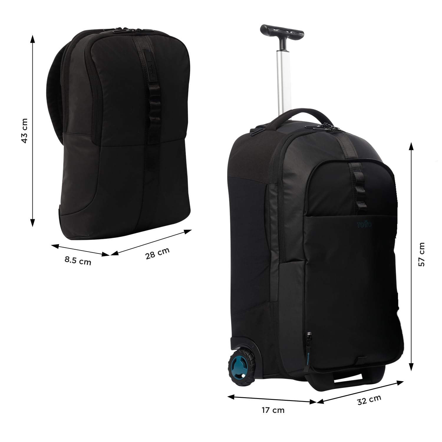 TOTTO - Mochila Ordenador Portátil con Ruedas, Modelo Rue Deploy, Pc hasta 15,4", Gran Capacidad, con Mochila Extraíble, Sistema RFID Blocker, Bolsillo Documentos, Espaldar Ergonómico, Color Negro