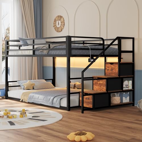ADORNEVE Low Bunk Bed Twin Over Twin with Storage Staircase, Drawers & Shelves, RGB LED Lights Metal Floor Bunk with Power Outlet, Full-Length Guardrail & Metal Slats, for Small Space, Kids, Black
