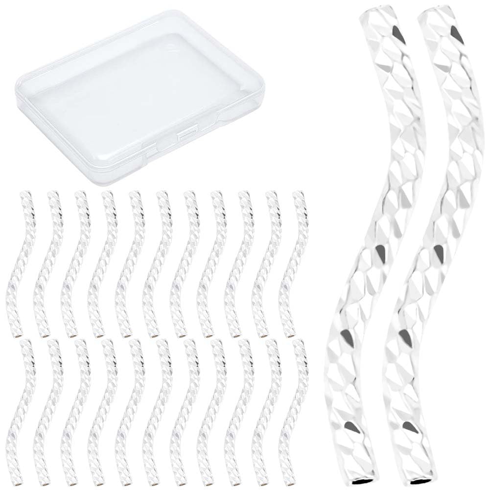 CREATCABIN40 Pcs Curved Tube Beads Fish Scale Noodle Tube Bead 925 Sterling Silver Plated Brass Long Curved Twist Tube Beads Spacer Connectors Bulk Twist for Jewelry Making Charms Accessories 20mm