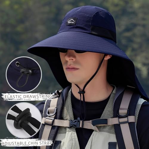 Image of Rosoz Outdoor Sun Hat for Men Women, UPF50+ Protection Safari Cap Wide Brim Mesh Fishing Hat with Neck Flap Beach Garden