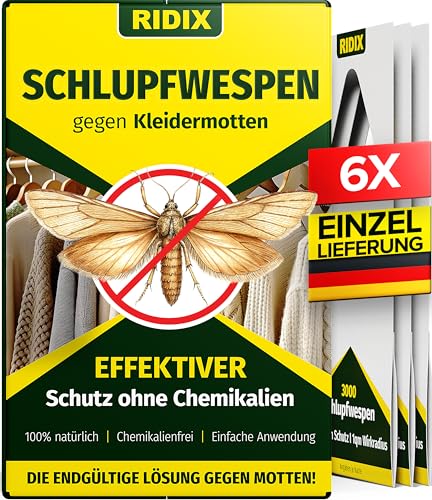 Ridix Schlupfwespen gegen Kleidermotten [1 Lieferung mit 6 Karten] - Schlupfwespen gegen Motten als biologische Lösung frei von Chemie - Schlupfwespen Kleidermotten