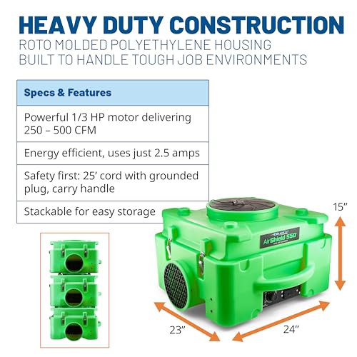 Image of BlueDri Air Shield 550 HEPA Air Scrubber, Water Damage Restoration Equipment Air Purifier, Covers 1400 Sq. Ft, Daisy Chain Capable, For Commercial Use, Green, BD-AS-550