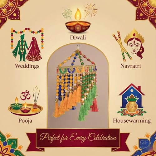 Image of Handmade Traditional Colorful Moti Jhumar Wall & Door Hanging - Artisanal Beaded Toran with Center Latkan Design, Bandarwal for Home Entrance, Festive Decoration, Pooja Room (Pack of 1)