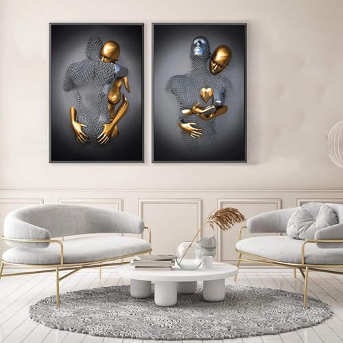 Art mural abstrait couple étreindre tableau toile bronze style 2 60x90cm