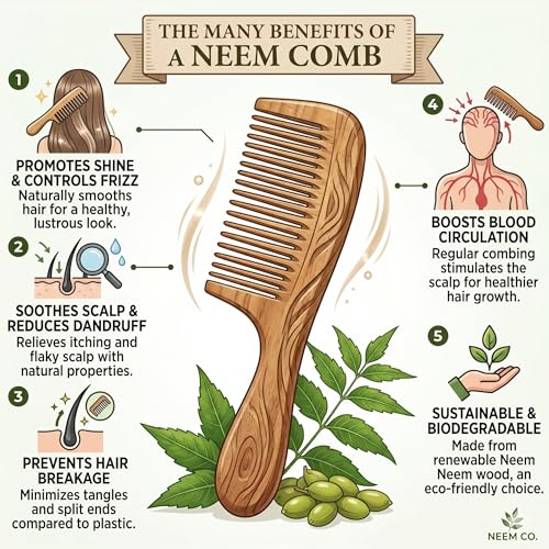 Image of TRESSENCE Organic Neem Wood Anti Dandruff Hair Comb Combo (pack of 4) Natural & Eco-Friendly | Hair Styling Comb with Fine & Wide Teeth Comb | Made in India