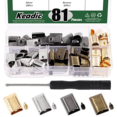 Keadic 161Pcs 4 Colors Alloy Zipper Stopper Set with Screwdriver, Zipper Ends Tail Clip Buckle Caps Pull Stoppers Head with Screws Bottom for Bag Luggage Repairing (Gold Silver Bronze Gun Black) Cover