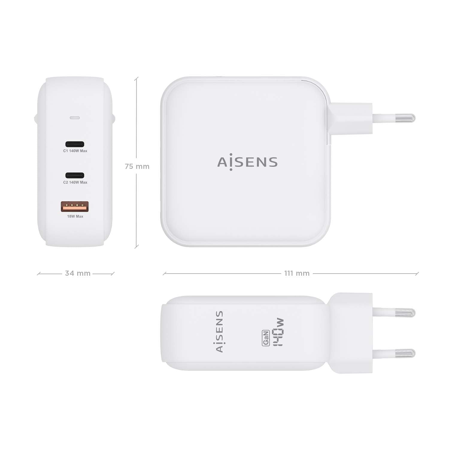 AISENS - ASCH-140W3P030-W - Caricabatterie GAN 140W, 2XUSB-C PD3.1 QC4.0, 1XUSB-A QC3.0, bianco