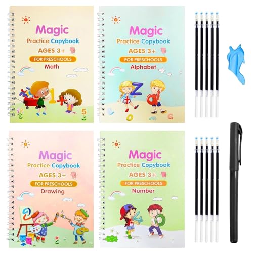 Image of Magic Practice Copybook for Kids - 4 Books + 10 Refills + 1 Pen + 1 Grip | Reusable Magic Calligraphy & Number Tracing Copybook Kit for Preschoolers (Pack of 4)