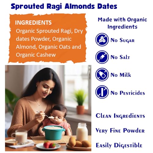 Image of TummyFriendly Foods Organic Sprouted Ragi Almond Dates Porridge Mix | Made of Sprouted Ragi Powder for baby cereal | Available in Trial Packs too | Toddler food | Shelf-life 9 month | 200g