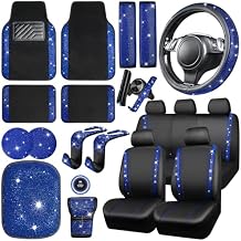 CAR PASS 23 PCS Bling Diamond Car Accessories Set for Women, Leather Seat Covers Full Set Sparkly Rhinestone15 Steering Wheel Covers Shining Diamond Floor Mats Cute Car Interior Sets,Blue
