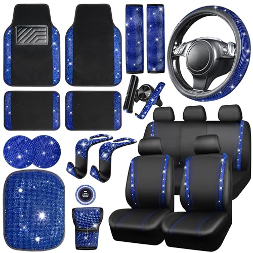 CAR PASS 23 PCS Bling Diamond Car Accessories Set for Women, Leather Seat Covers Full Set Sparkly Rhinestone15'' Steering Wheel Covers Shining Diamond Floor Mats Cute Car Interior Sets,Blue by CAR PASS - Used condition - US$68.59