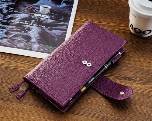 Image of Genuine Leather Planner Cover for Hobonichi Weeks /Weeks Mega with Pen Loop, Card Slots, Back Pocket, and Bookmarks (Purple)