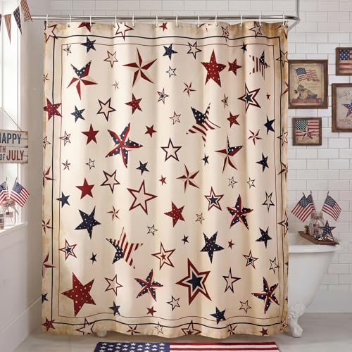 MelonBoat 4th of July Shower Curtain: Retro Patriotic Stars Bathroom Shower Curtain with Hooks Farmhouse Vintage Waterproof Bath Shower Curtain for Bathroom Decorations Home Indoor Decor 72x72 Inch