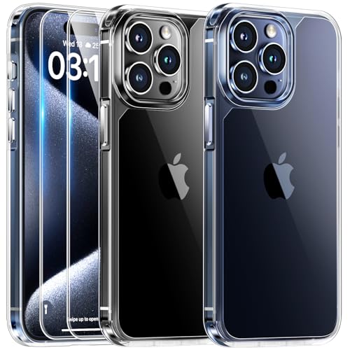 TAURI Coque pour iPhone 15 Pro Max,[3 en 1] 1 Coque [Anti-Jaune] avec 2 Protection écran, [Protection Militaire] Coque Mince Antichoc Couverture à 360 Degrés - Transparent